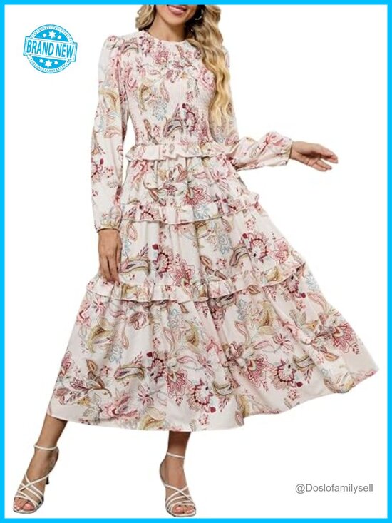 Dresses & Skirts - Women's Floral Smocked Maxi Dress Long Puff Sleeve Bohemian Tiered Ruffle